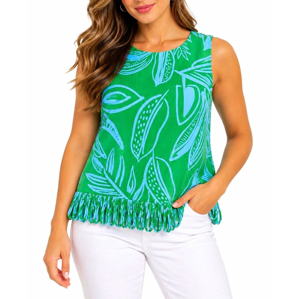 AVARA Angelina Top XL Green Blue Leaf Print Loop Fringe Hem NWT